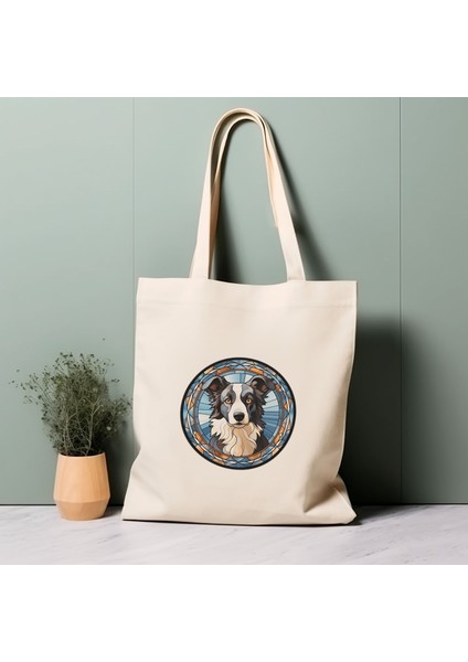 Border Collie Köpek Tote Çantası, Vitray Tasarım, %100 Pamuklu Çevre Dostu Alışveriş Çantası, Ömürlük Çanta