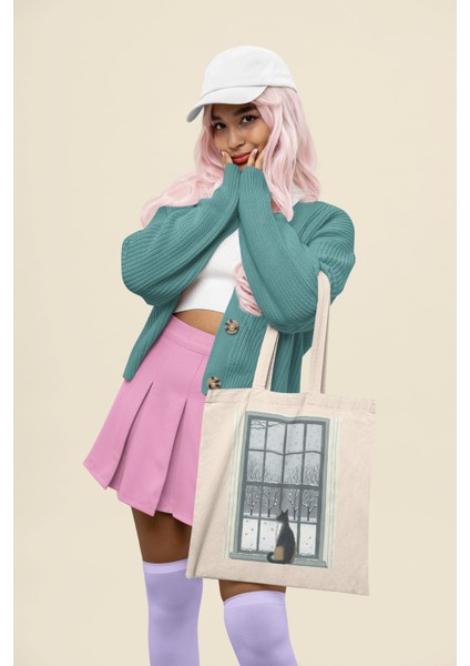 Kedi Illüstrasyonlu Tote Çanta - Illüstrasyonlu Tote Çantalar, Sevimli Tote Çantalar, Sevimli Kitap Çantaları, En Iyi Tote Çantalar modelleri