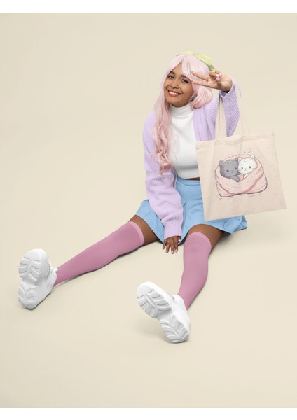 Sevimli Kediler Tote Çanta - Sevimli Tote Çanta Koleksiyonu, Estetik Tote Çantalar, Kawaii Tote Çantalar, Sevimli Kitap Çantaları modelleri