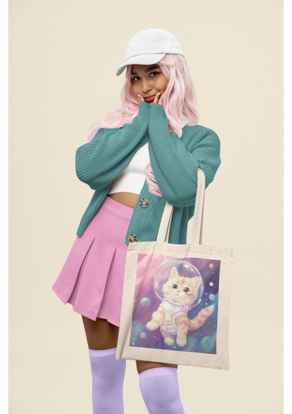 Sınırlı Süreli Uzay Kedi Tote Çantası - Sevimli Tote Çanta Koleksiyonu, Uzay Kedisi, Sevimli Kedi Tote Çantası, Estetik Tote Çanta modelleri