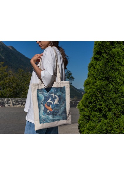Koi Balığı Yin-Yang Tote Çantası - Sevimli Tote Çanta, Estetik Tote Çanta, Yeniden Kullanılabilir Çanta