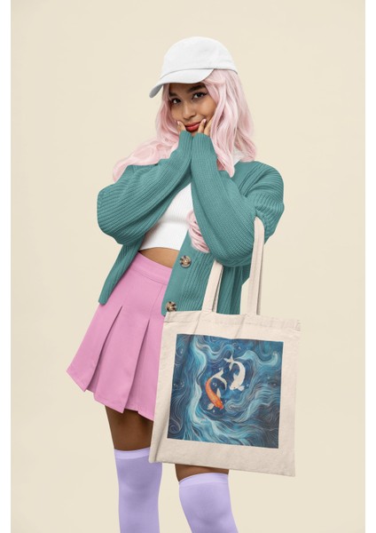 Koi Balığı Yin-Yang Tote Çantası - Sevimli Tote Çanta, Estetik Tote Çanta, Yeniden Kullanılabilir Çanta modelleri