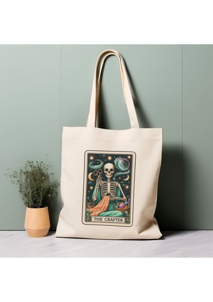 Tarot Kartı Tote Çantası, The Crafter, Iskelet, Uzay, %100 Pamuklu Tote Çanta. Çevre Dostu, Estetik Alışveriş Çantası, Ömür Boyu Kullanabileceğiniz Çanta.
