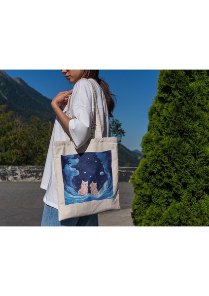 Blue Galaxy Kitties Tote Çanta - 2024 Sevimli Tote Çanta Koleksiyonu, Sevimli Kitap Çantası, Estetik Tote Çantalar, Kawaii Tote Çantalar