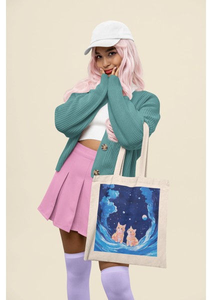 Blue Galaxy Kitties Tote Çanta - 2024 Sevimli Tote Çanta Koleksiyonu, Sevimli Kitap Çantası, Estetik Tote Çantalar, Kawaii Tote Çantalar modelleri