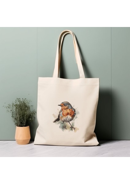 %100 Pamuklu Tote Çanta, Robin, Bahçe Kuşları. Çevre Dostu, Estetik Alışveriş Çantası, Ömür Boyu Kullanabileceğiniz Çanta.