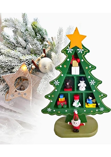 Mini Ahşap Yılbaşı Ağacı Dekoru – 18,5 cm Noel Temalı Masa Üstü Süs Figürlü (Yeşil)