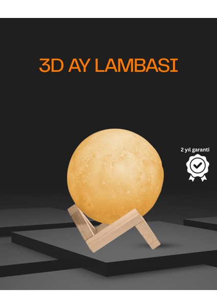 Ahşap Standlı 3D Baskı Ay Lambası 16 Renkli ve Şarjlı Uzaktan Kumandalı - M028R730-K95028
