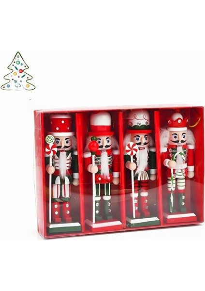 Kırmızı Yeşil 4’lü Fındıkkıran Asker Figür Seti – 13 cm Ahşap Yılbaşı Süsü Dekor