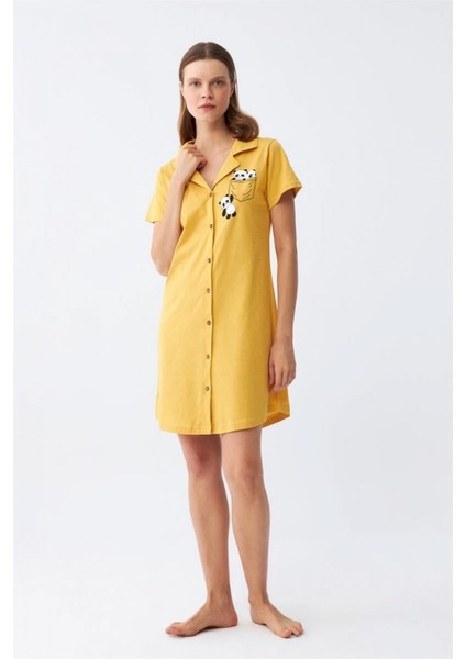 - Kadın Pamuk Penye Kısa Kol Düğmeli Sarı Tunik Gecelik