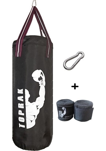 Boks Torbası Eldiven, Karabina ve Bandaj Hediyeli Içi Dolu 50X20 cm Siyah