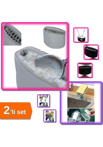 Hijyenik Çatal Kaşık Bıçak Yıkama Fırçası + Vantuzlu Drenajlı Katı Sabunluk Süngerlik - 2li Set K8F3
