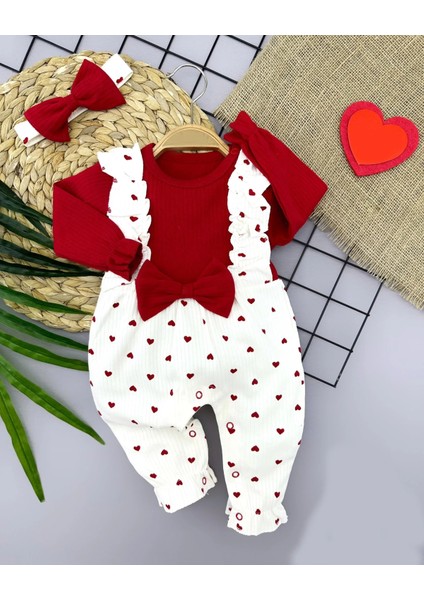 3-6-9-12 Ay Bandanalı Fiyonk Detaylı Salopet Görünümlü Kalp Desenli 2li Kız Bebek Tulumu Kırmızı
