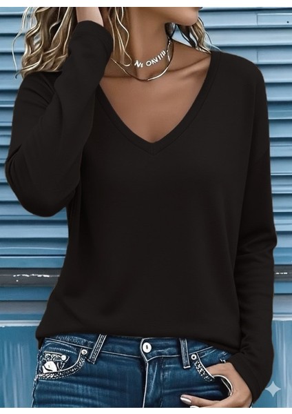 Kadın Uzun Kollu V Yakalı Viskon Iki Iplik Bluz