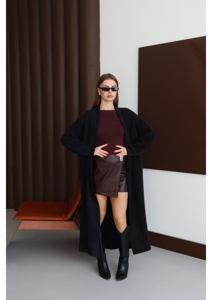 Kadın Siyah Sakallı Şal Yaka Uzun Hırka modelleri