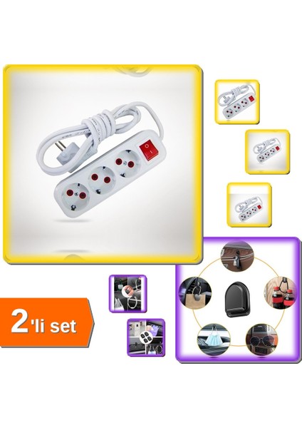2 Metre Kablolu Anahtarlı 3lü Topraklı Grup Priz + 10 Adet Kablo Düzenleyici Organizer - 2li Set Nk4