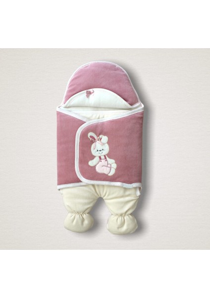 Yenidoğan Kadife Kumaş Ayıcık Nakışlı Şapkalı Kız Erkek Bebek Ayaklı Kundak Bebek Battaniyesi