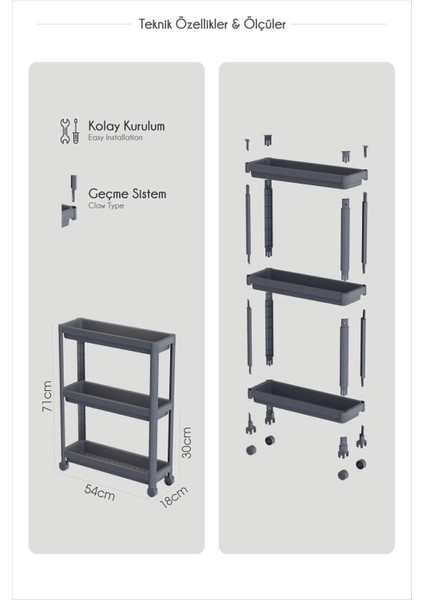 Tekerlekli 3 Katlı Çok Amaçlı Raf Ünitesi - Banyo Mutfak Düzenleyici Organizer Raf