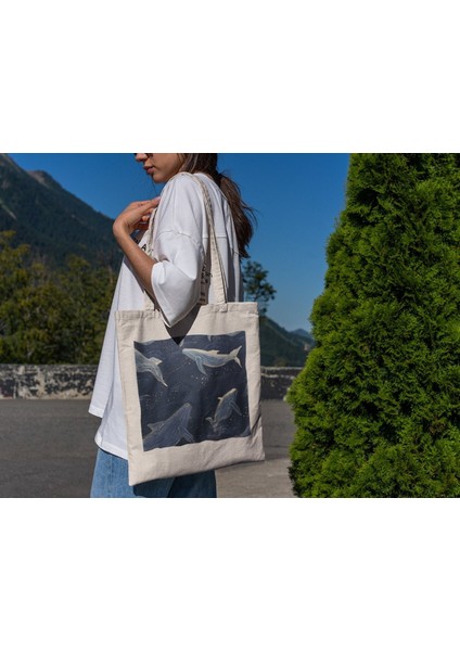 Büyülü Gezgin Balinalar Tote Çantası - Cottagecore, Şirin Tote Çanta Koleksiyonu, Kitap Çantaları, Şirin Büyülü Kitap Çantaları Koleksiyonu, Şirin Hayvan Tote Çantası