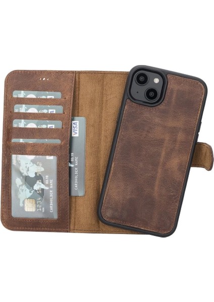 Apple iPhone 14 Plus Uyumlu Deri Cüzdanlı Kılıf Mwwn G2 Kahve