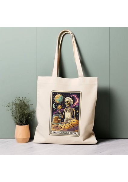 Tarot Kartı Tote Çanta, Ekşi Mayalı Fırıncı, Iskelet, Uzay, Yıldızlar, %100 Pamuklu Tote Çanta. Çevre Dostu, Estetik Alışveriş Çantası, Ömür Boyu Kullanabileceğiniz Çanta.