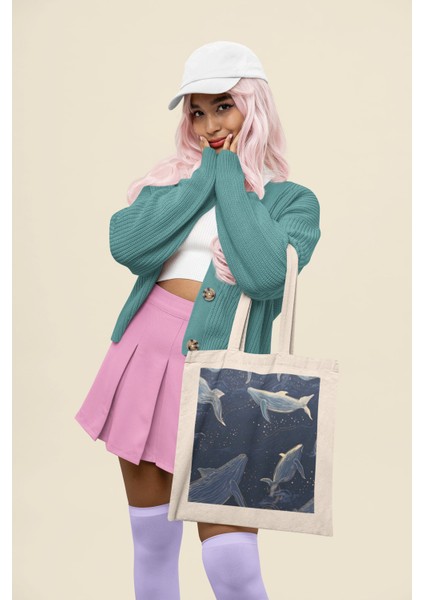 Büyülü Gezgin Balinalar Tote Çantası - Cottagecore, Şirin Tote Çanta Koleksiyonu, Kitap Çantaları, Şirin Büyülü Kitap Çantaları Koleksiyonu, Şirin Hayvan Tote Çantası modelleri