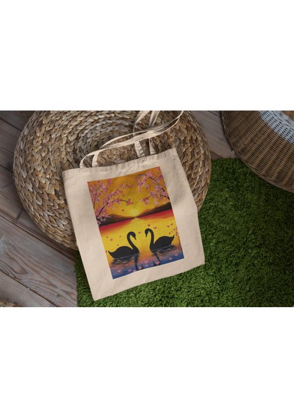 Swan Cherry Blossom Tote Çanta - Şirin Tote Çanta, Estetik Tote Çanta, Tote Çanta, Kanvas Çanta, Tote Çanta, Kanvas Çanta, Estetik Tote Çanta