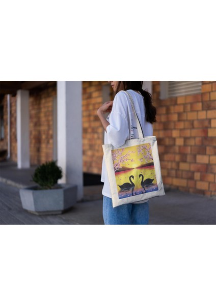 Swan Cherry Blossom Tote Çanta - Şirin Tote Çanta, Estetik Tote Çanta, Tote Çanta, Kanvas Çanta, Tote Çanta, Kanvas Çanta, Estetik Tote Çanta fiyatları