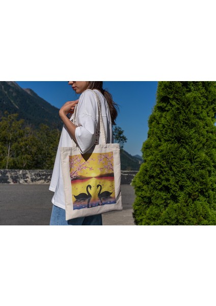 Swan Cherry Blossom Tote Çanta - Şirin Tote Çanta, Estetik Tote Çanta, Tote Çanta, Kanvas Çanta, Tote Çanta, Kanvas Çanta, Estetik Tote Çanta modelleri