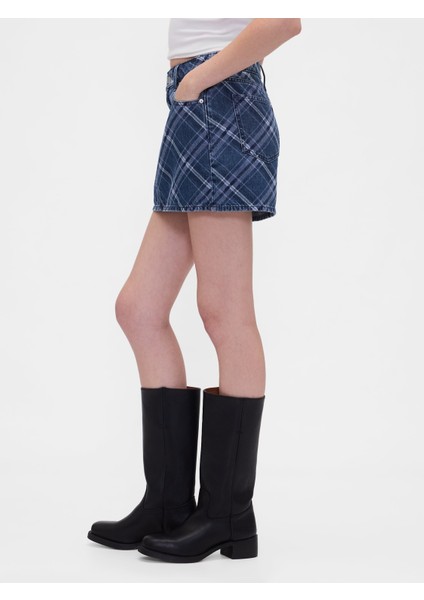 Kadın Koyu Mavi Denim Kareli Mini Etek indirimleri