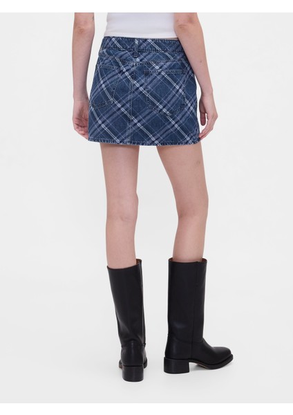 Kadın Koyu Mavi Denim Kareli Mini Etek