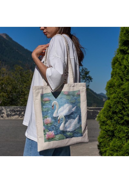 Pembe Lotus Çiçeği Kuğu Tote Çanta - Sevimli Tote Çanta, Estetik Tote Çanta, Tote Çanta, Alışveriş Çantası, Kitap Çantası, Kuğu Çanta, Estetik Tote Çanta