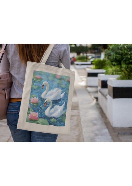 Pembe Lotus Çiçeği Kuğu Tote Çanta - Sevimli Tote Çanta, Estetik Tote Çanta, Tote Çanta, Alışveriş Çantası, Kitap Çantası, Kuğu Çanta, Estetik Tote Çanta modelleri