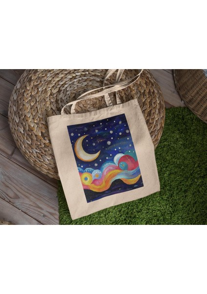 Dönen Ay Tote Çantası - Estetik Tote Çanta, Şirin Tote Çantalar, Kanvas Çanta, Kanvas Tote Çanta, En Iyi Tote Çantalar, Tote Çanta, Kitap Çantası, Alışveriş Çantası