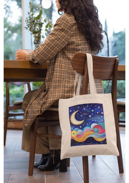 Dönen Ay Tote Çantası - Estetik Tote Çanta, Şirin Tote Çantalar, Kanvas Çanta, Kanvas Tote Çanta, En Iyi Tote Çantalar, Tote Çanta, Kitap Çantası, Alışveriş Çantası modelleri