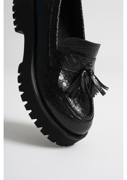 Mina Kadın Günlük Siyah Kroko Baskılı Loafer Ayakkabı