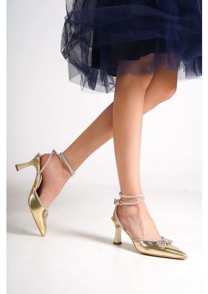 Irina Kadın Altın Taşlı Topuklu Ayakkabı