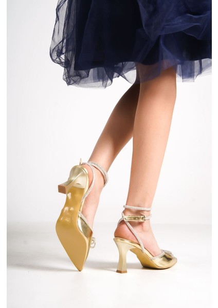 Irina Kadın Altın Taşlı Topuklu Ayakkabı