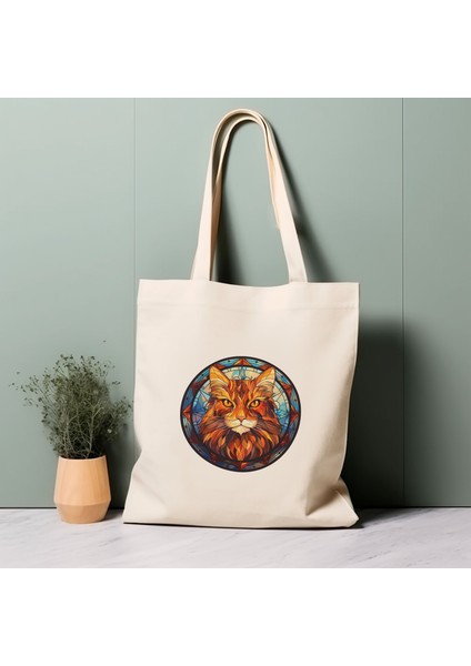 Vitray Kedi Tote Çantası, Uzun Tüylü Kızıl ve Beyaz, %100 Pamuklu Çevre Dostu Alışveriş Çantası, Ömürlük Çanta