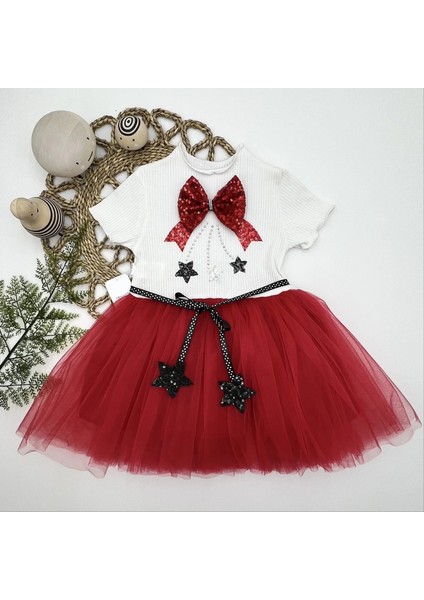 1-2-3 Yaş Payetli Yıldız Nakışlı Astarlı Etek Kız Bebek Tütü Elbisesi Ekru