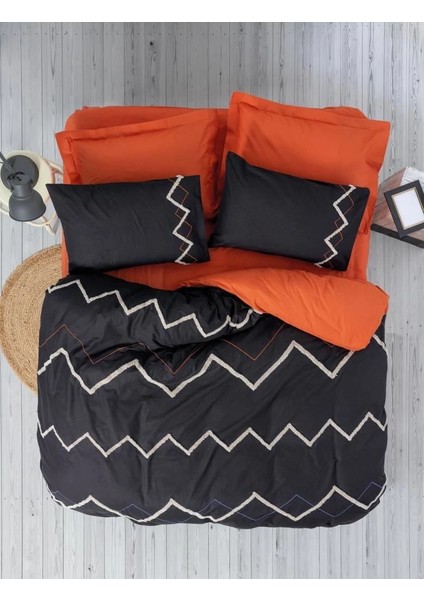 Cotton Box Puf Nakışlı Ranforce Çift Kişilik Nevresim Takımı Mirely Siyah Kiremit