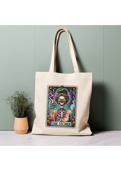 Tarot Kartı Tote Çanta, The Stoner, Iskelet, Çiçekler, %100 Pamuklu Tote Çanta. Çevre Dostu, Estetik Alışveriş Çantası, Ömür Boyu Kullanabileceğiniz Çanta.