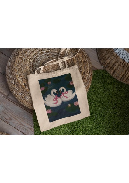 Coquette Swan Tote Çanta - Şirin Tote Çanta, Estetik Tote Çanta, Tote Çanta, Kanvas Çanta, Hediye Tote Çanta, Estetik Tote Çanta, Kuğu Tote Çanta