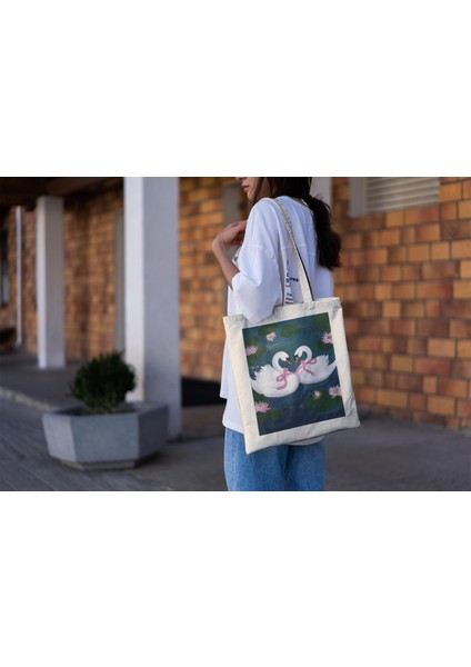 Coquette Swan Tote Çanta - Şirin Tote Çanta, Estetik Tote Çanta, Tote Çanta, Kanvas Çanta, Hediye Tote Çanta, Estetik Tote Çanta, Kuğu Tote Çanta fiyatları