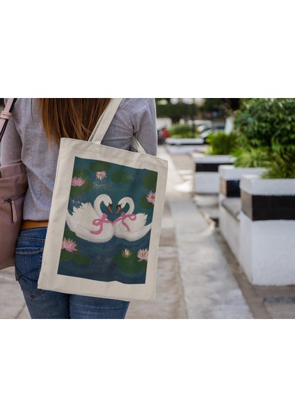 Coquette Swan Tote Çanta - Şirin Tote Çanta, Estetik Tote Çanta, Tote Çanta, Kanvas Çanta, Hediye Tote Çanta, Estetik Tote Çanta, Kuğu Tote Çanta modelleri