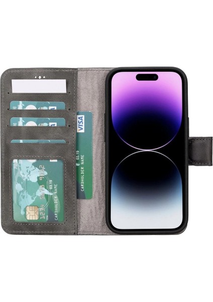 Apple iPhone 15 Uyumlu Deri Cüzdanlı Kılıf Mwwn VS4EF Gri fiyatları