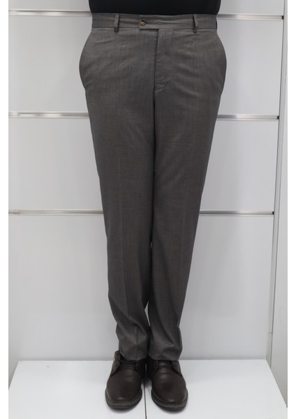 Fistan Store Erkek Kahverengi Düz Yüksek Bel Klasik Kesim Rahat Kalıp Yandan Cepli Boru Paça Büyük Beden Kumaş Pantolon