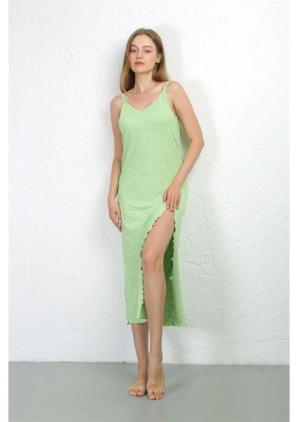 - Ip Askılı Uzun Yırtmaçlı Penye Gecelik Fıstık Yeşili fiyatları