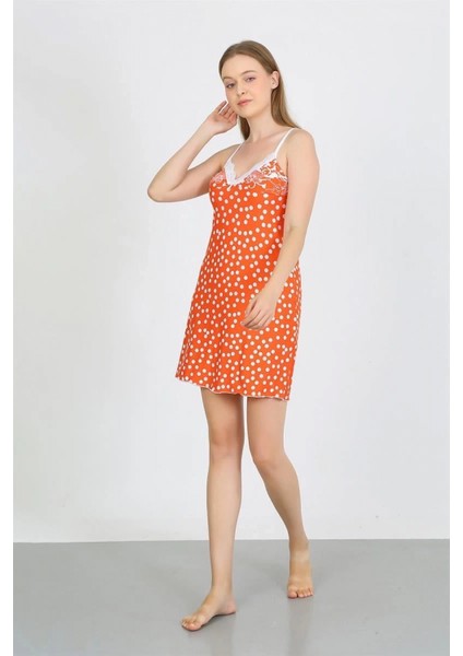 - Kadın Penye Ip Askılı Beyaz Puantiyeli Gecelik Turuncu