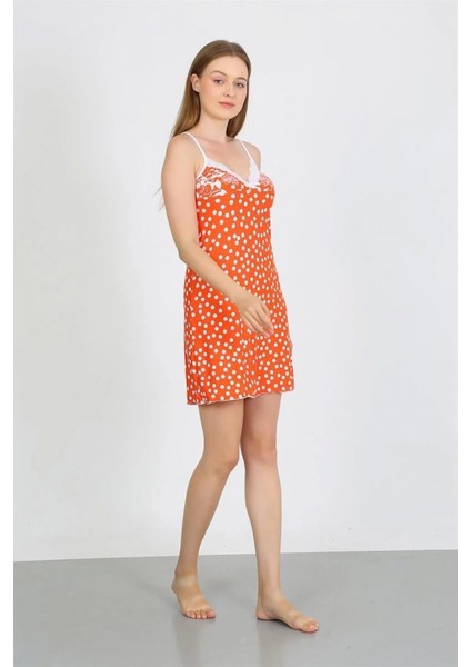 - Kadın Penye Ip Askılı Beyaz Puantiyeli Gecelik Turuncu fiyatları